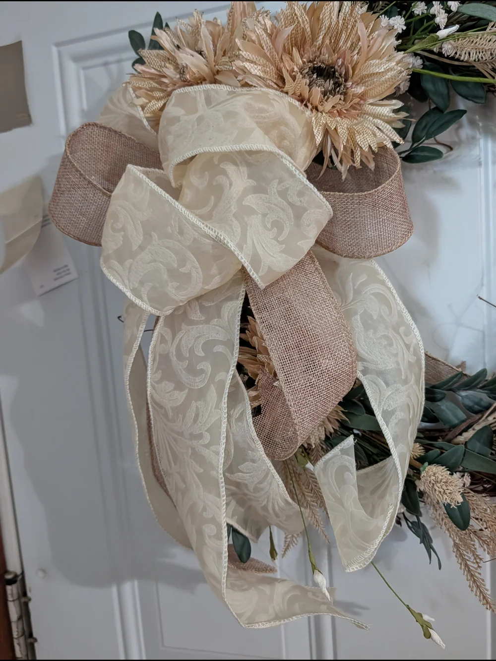 Handmade Fall  Cream & Green Grapevine Wreath with Burlap Bow